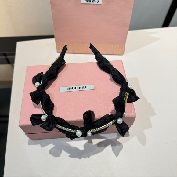 Miu Miu Accessories - Miu Miu Black Bow Headband with Pearls and Crystals